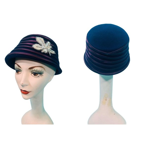 Vintage 1950s Bucket Hat Purple Stripe Floral Hat - Picture 2 of 10